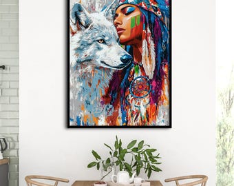 Native American Wolf Dream Catcher Canvas Art: Vintage Home Decor