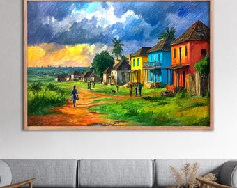 Tropical Village Canvas Wall Art : Textured Canvas Print Framed Artwork