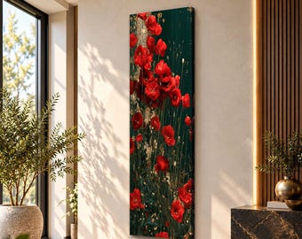 Red Poppy Flower Botanical Field Narrow Tall Vertical Canvas Wall Art Living Room Decor