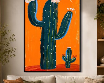 Southwest Saguaro Orange Desert Cactus Canvas Wall Decor : Floral Art Framed Artwork