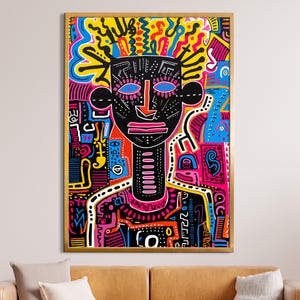 Peut inclure: Impression d'art abstrait avec une figure stylisée au visage noir et des couleurs vives. L'œuvre comprend des teintes roses, bleues, jaunes et oranges, avec un cadre doré. Le design est audacieux et graphique, adapté à la décoration moderne.