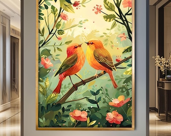 Bird Couple Botanical Canvas Wall Art – Romantic Nature Home Decor, Textured Canvas