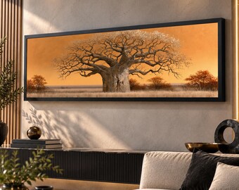 African Baobab Tree Sunset Panoramic Long Narrow Canvas Wall Art Living Room