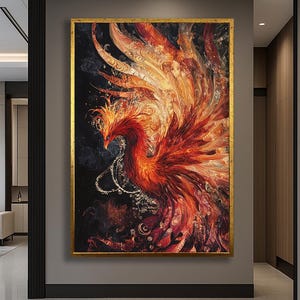 May include: A framed artwork depicts a phoenix in vibrant shades of red, orange, and gold against a dark background. The mythical bird is rendered with flowing lines and intricate details, creating a sense of movement and energy. The artwork is encased in a gold frame.