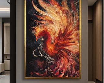 Fiery Phoenix Art, Phoenix Wall Art, Canvas Wall Decor, Phoenix Canvas Art, Boho Wall Decor, Dramatic Wall Art, Mythical Bird Art,