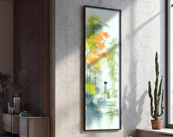 Chinoiserie Long Narrow Wall Art : Large Vertical Asian Landscape Decor, Tall Slim Wall Decor for Staircase Entryway