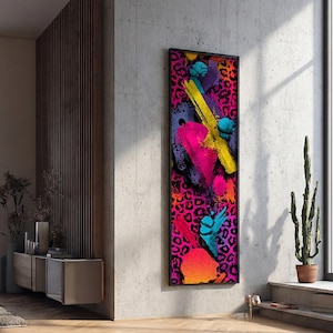Colorful Pastel Abstract Wall Art, Long Narrow Framed Canvas, Vertical Rainbow Brushstroke Desing, Modern Staircase Decor,