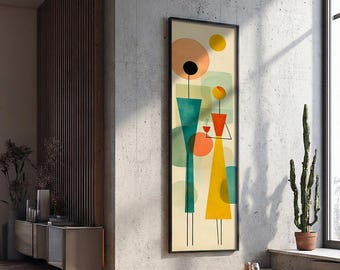 Long Narrow Mid Century Wall Art : Retro Abstract Geometric Canvas, Vertical Modern Artwork,