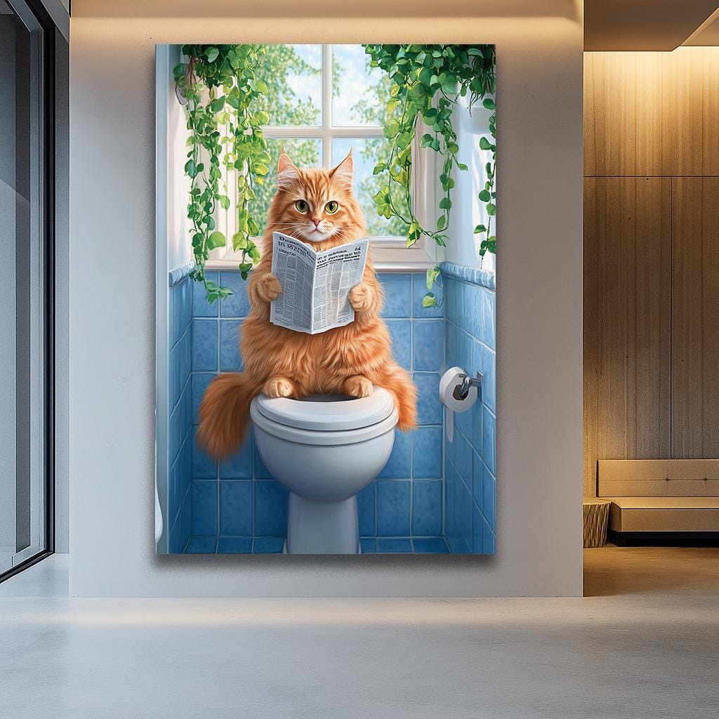 Funny Cat Art, Cat Wall Art, Canvas Wall Art, Funny Bathroom Art ...