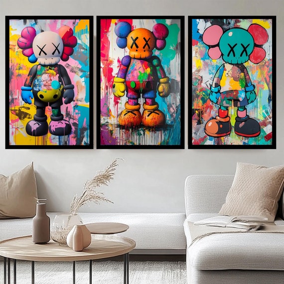 KAWS ゴヤール キャンバスプリント インテリア Handmade Kaws Graffiti Canvas Art Print - Set of 3 - Etsy