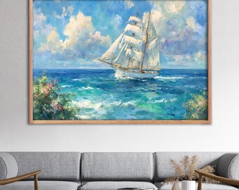 Sailboat Ocean Canvas Wall Decor : Textured Canvas Print Framed Artwork,