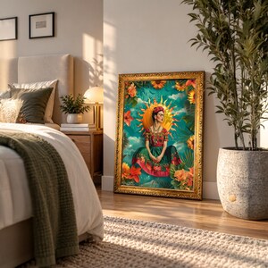 May include: A framed rectangular wall art print featuring a portrait of a person with dark hair and a floral headpiece, wearing a green and red dress. The figure is centered against a bright yellow sun and a teal sky surrounded by orange flowers.