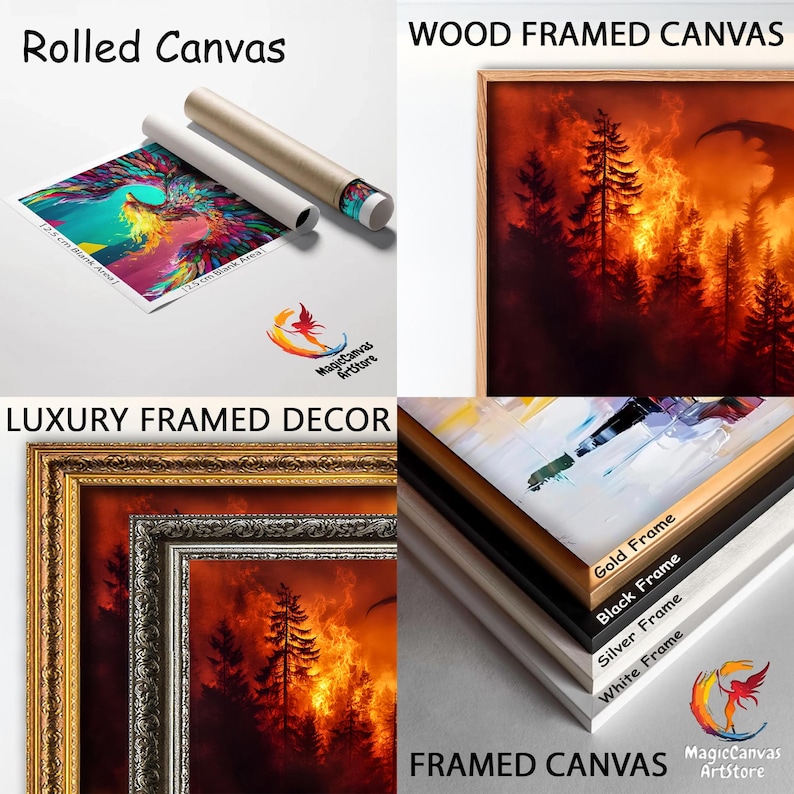 May include: An assortment of framed and rolled canvas art prints. The image shows a rolled canvas print with a colorful design, a wood-framed canvas with a fiery forest scene, and luxury framed decor with gold and silver frames. The image also shows different frame colors.