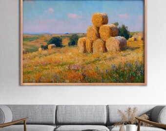 Horizontal Farmhouse Landscape Canvas Wall Decor : Textured Canvas Print Framed Artwork,