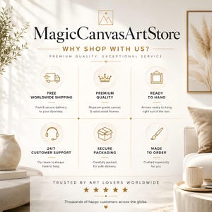 May include: An informational graphic for MagicCanvasArtStore featuring the text Why Shop With Us? and Premium Quality, Exceptional Service. It displays six gold icons representing shipping, quality, hanging, support, packaging, and custom production.