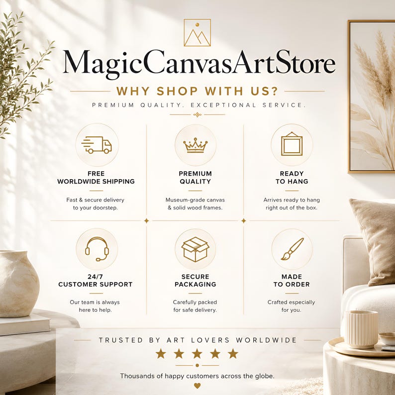May include: An informational graphic for MagicCanvasArtStore featuring the text Why Shop With Us? and Premium Quality, Exceptional Service. It displays six gold icons representing shipping, quality, hanging, support, packaging, and custom production.