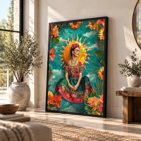 Frida Kahlo Art, Canvas Wall Decor, Frida Kahlo Canvas, Mexican Art, Mom Gift, Flower Crown, Gift İdeas, Bohemian Decor, Sunflower Art Folk