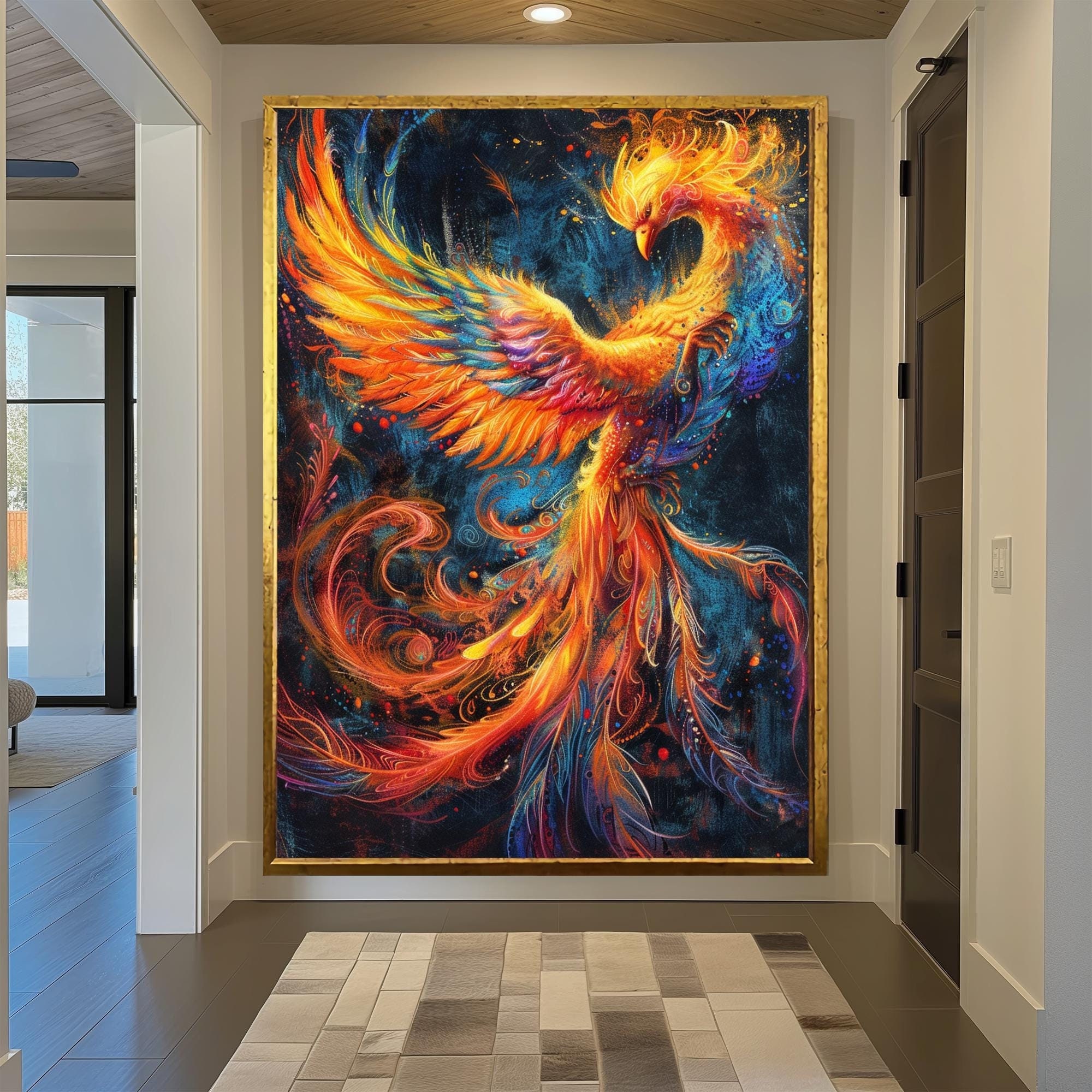 Flaming Phoenix Canvas Wall Art, Colorful Bird Decor, Oversized