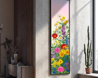 Wildflower Garden Flower Long Narrow Wall Art : Framed Artwork Textured Canvas