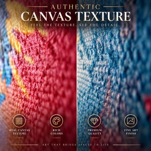 May include: A split-screen close-up of canvas material showing red and yellow tones on the left and blue tones on the right. Text reads: AUTHENTIC CANVAS TEXTURE, FEEL THE TEXTURE. SEE THE DETAIL, REAL CANVAS TEXTURE, RICH COLORS, PREMIUM QUALITY, FINE ART FINISH, ART THAT BRINGS SPACES TO LIFE.