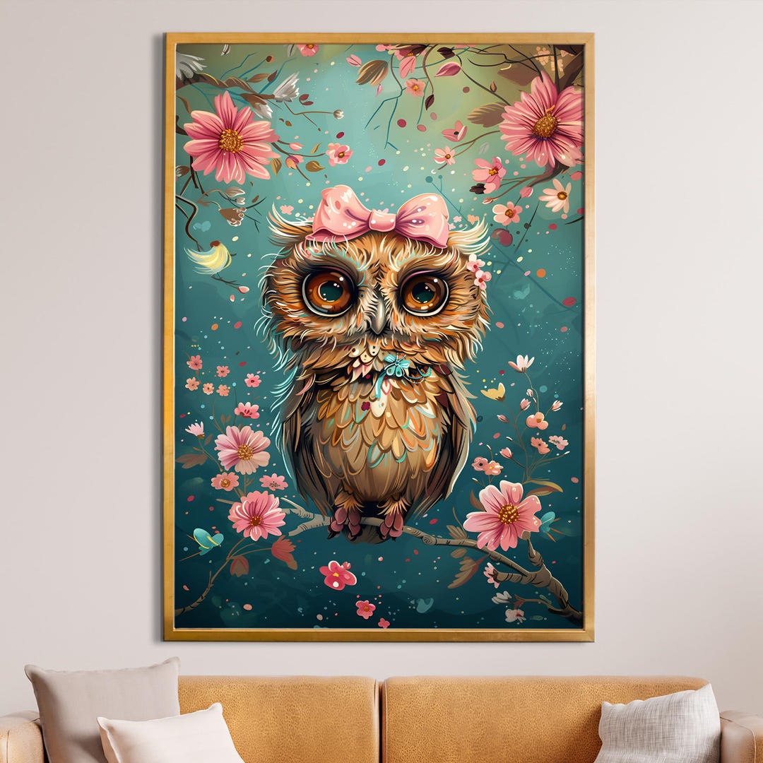 Cute Owl With Pink Bow Animal Canvas Wall Art : Framed Artwork ...