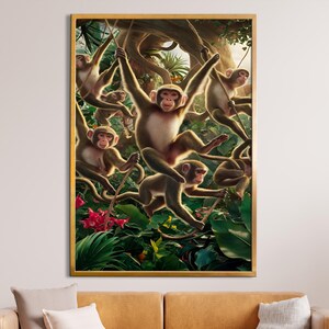 May include: A framed artwork depicts a group of monkeys swinging through a lush jungle. The monkeys, in shades of brown and tan, are positioned among vibrant green foliage and red flowers. The artwork is encased in a gold-colored frame, adding a touch of elegance.