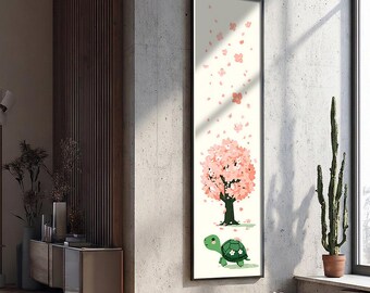 Minimalist Turtle Sakura Long Narrow Wall Art : Framed Canvas Textured Wall Art