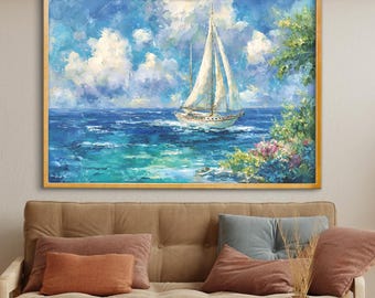 Turquoise Sea Ship Canvas Wall Decor : Textured Canvas Print Framed Artwork