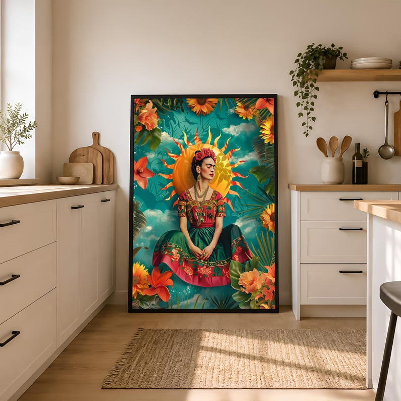 May include: A framed rectangular wall art print featuring a portrait of a person with dark hair adorned with red flowers, wearing a patterned dress, centered against a bright yellow sun and a teal sky filled with clouds and orange sunflowers.