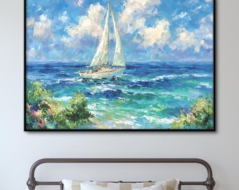 Horizontal Vintage Ship Canvas Wall Decor : Textured Canvas Print Framed Artwork,
