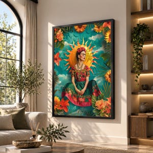 May include: A framed wall art print featuring a central figure with dark hair adorned with red flowers, wearing a patterned red and green dress. The background displays a bright yellow sun, vibrant orange sunflowers, and lush green foliage.