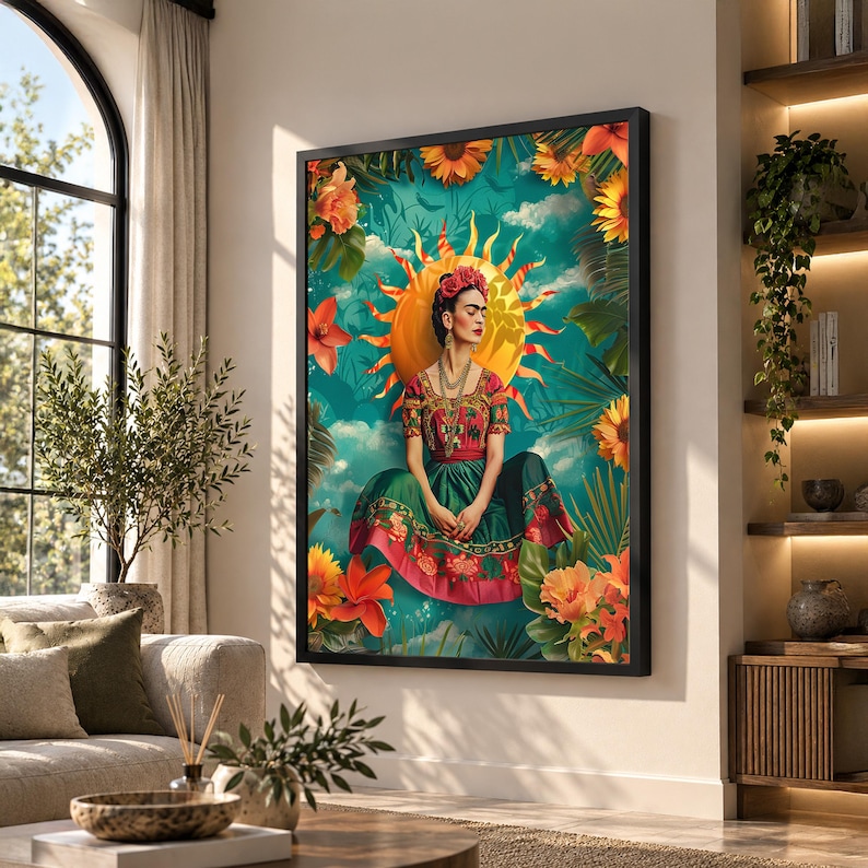 May include: A framed wall art print featuring a central figure with dark hair adorned with red flowers, wearing a patterned red and green dress. The background displays a bright yellow sun, vibrant orange sunflowers, and lush green foliage.