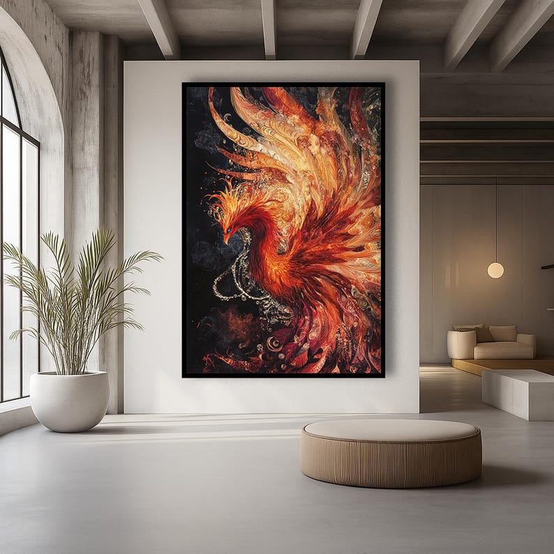 May include: A large framed artwork depicting a phoenix in shades of red, orange, and gold against a dark background. The artwork has a detailed, textured appearance, with the bird's feathers and form intricately rendered. The artwork is displayed in a modern, minimalist interior.