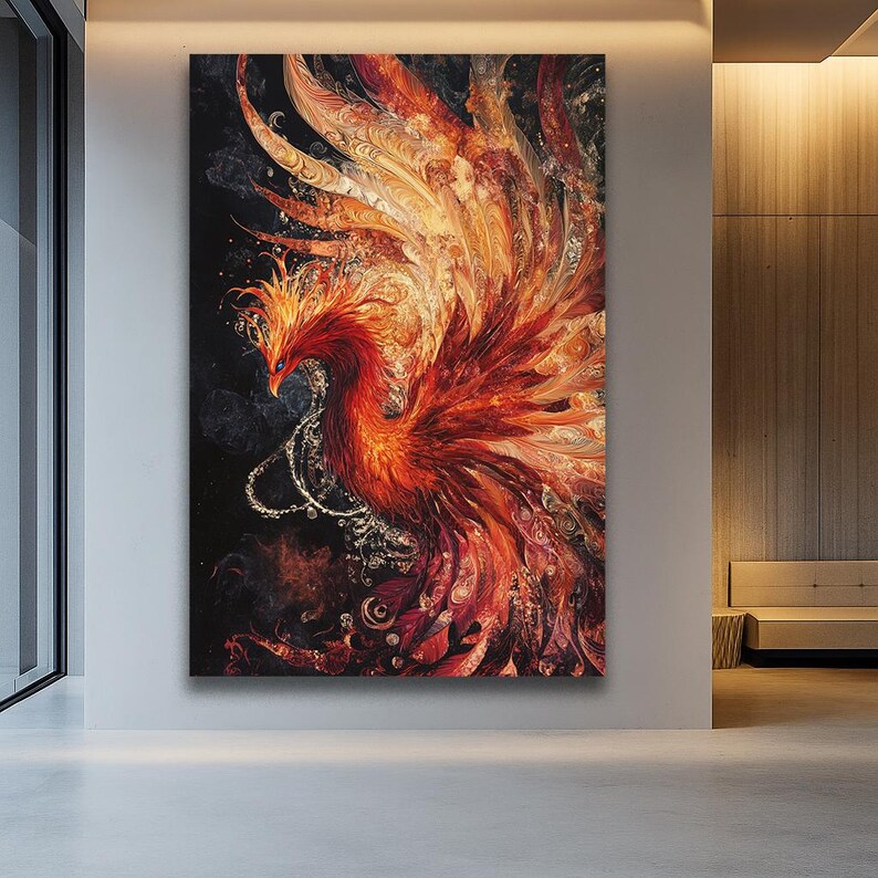 May include: A large canvas art print depicting a phoenix in shades of red, orange, and gold against a dark background. The artwork features intricate details and a stylized, ornate design, with the bird's wings spread wide.