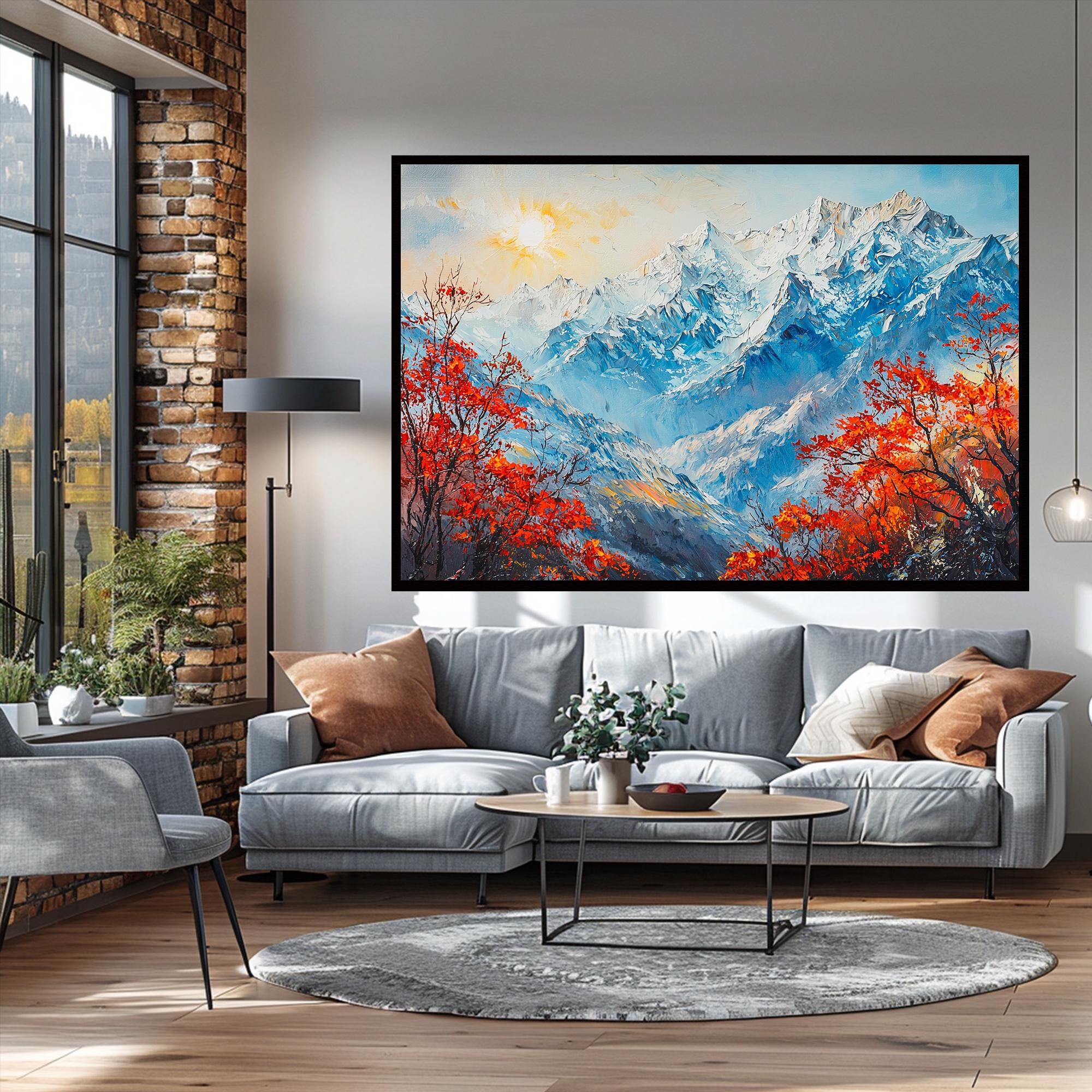 Snowy Mountain Canvas Art: Alpine Autumn Landscape, Red Tree Print