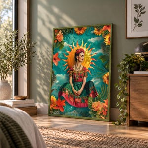 May include: A rectangular wall art print featuring a central figure with dark hair adorned with red flowers, wearing a red and green dress. The figure is positioned before a large orange sun against a teal sky, surrounded by vibrant sunflowers and foliage.