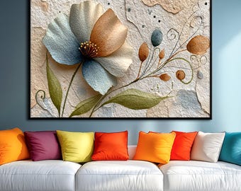 Extra Large Horizantal Flower Wall Art, Willdflower Home Decor,  Floral  Textured Canvas, Framed Artwork