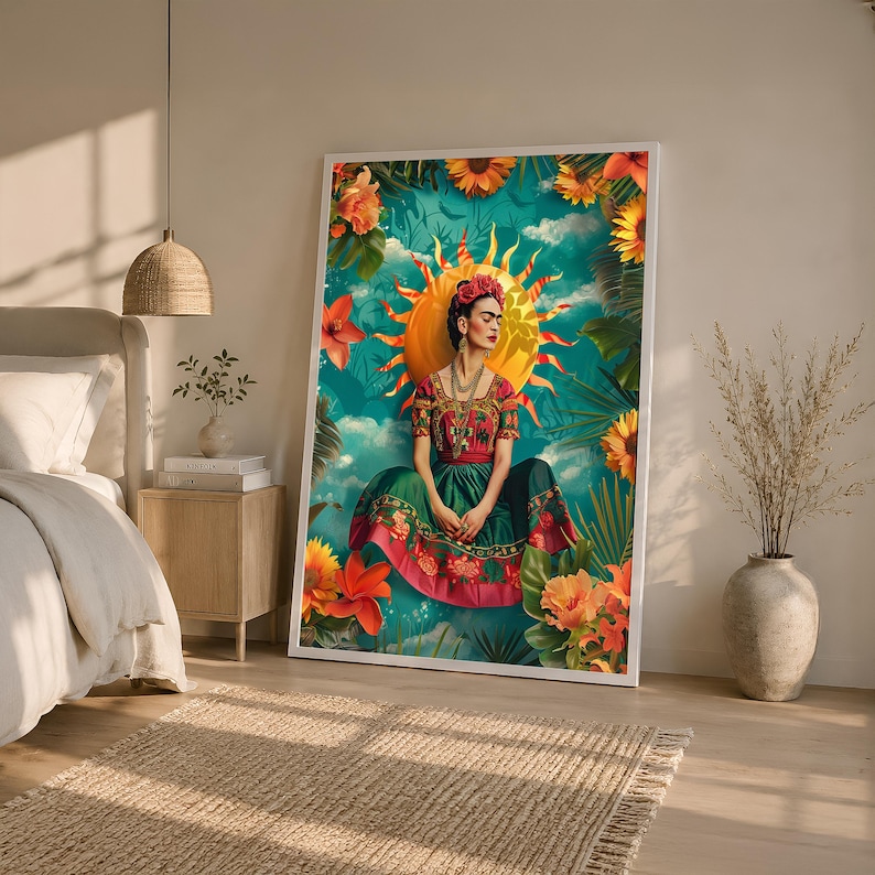 May include: A rectangular wall art print featuring a central figure with dark hair adorned with flowers, wearing a patterned dress in shades of green and red. The figure is positioned against a bright yellow sun and a vibrant teal background with tropical foliage.
