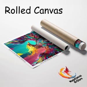 May include: A rolled canvas print featuring a colorful phoenix design with a 12.5 cm blank area. The canvas is accompanied by two rolled tubes, one brown and one white, and a logo for MagicCanvas ArtStore.