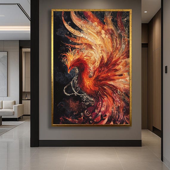 Fiery Phoenix Art, Phoenix Wall Art, Canvas Wall Decor, Phoenix Canvas Art, Boho Wall Decor, Dramatic Wall Art, Mythical Bird Art,