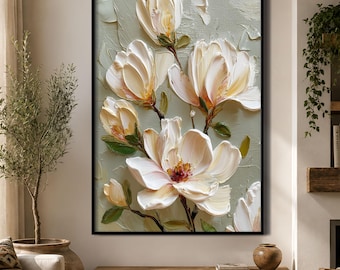 Extra Large Textured White Magnolia Flower Canvas Wall Art, Floral Framed Artwork