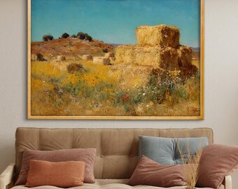 Harvest Field Canvas Wall Decor : Textured Canvas Print Framed Artwork, Farmhouse Landscape