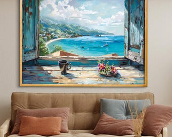 Ocean Window Canvas Wall Decor : Textured Canvas Print Framed Artwork