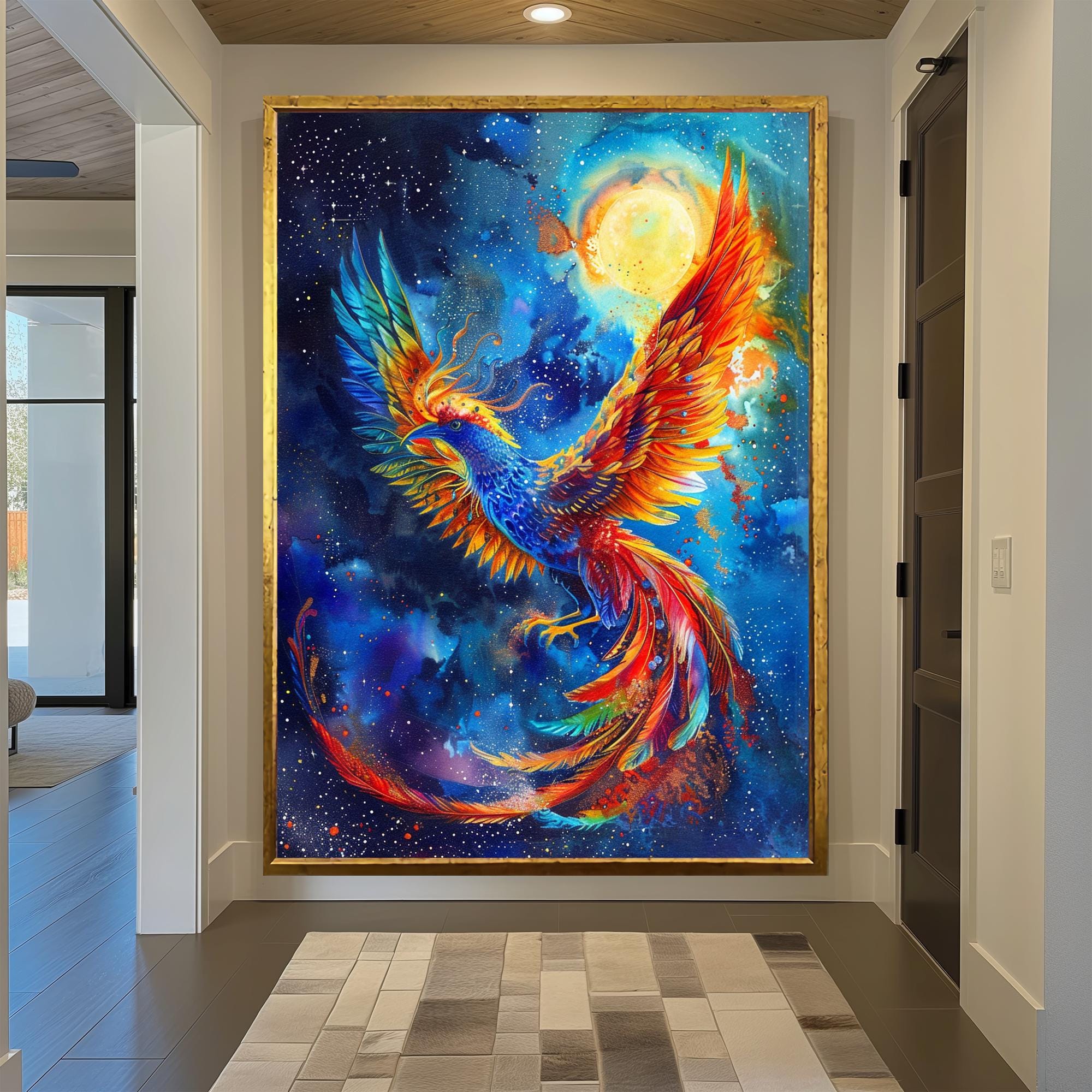 Flaming Phoenix Canvas Art: Colorful Bird Landscape Print, Phonix