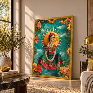May include: A framed vertical wall art print featuring a portrait of a person with dark hair adorned with flowers, wearing a green and red patterned dress. The figure is centered against a bright yellow sun and a teal sky with sunflowers.