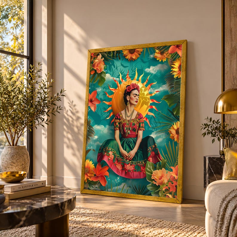 May include: A framed vertical wall art print featuring a portrait of a person with dark hair adorned with flowers, wearing a green and red patterned dress. The figure is centered against a bright yellow sun and a teal sky with sunflowers.