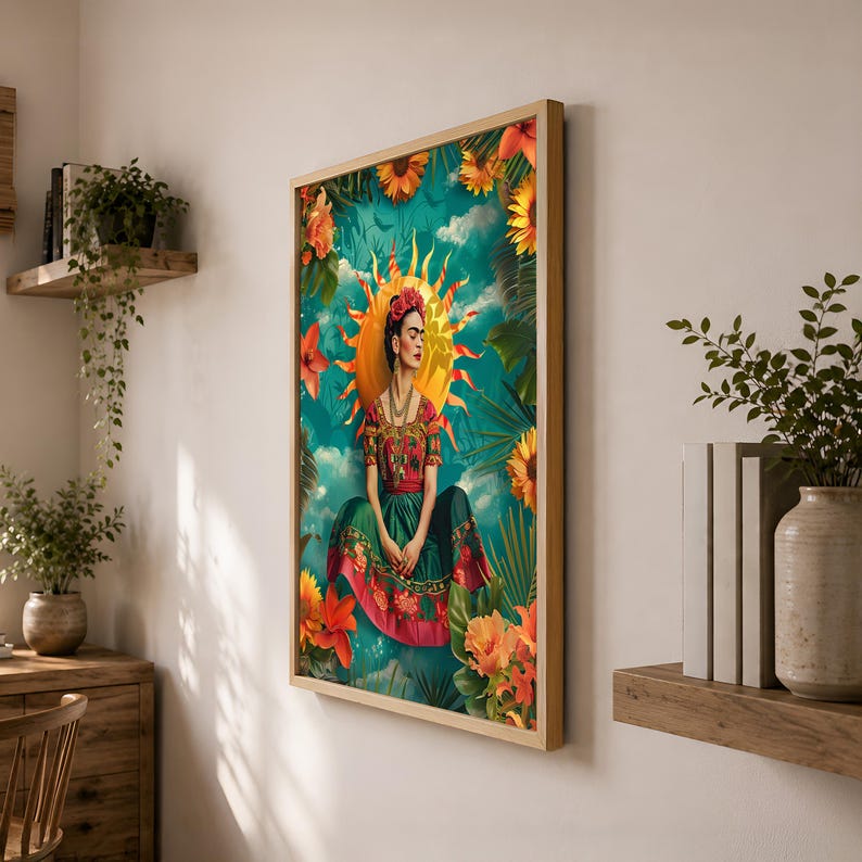 May include: A framed rectangular wall art print featuring a central figure with dark hair and a floral headpiece, wearing a red and green dress. The figure is surrounded by a bright yellow sun, orange sunflowers, and green foliage against a teal sky.