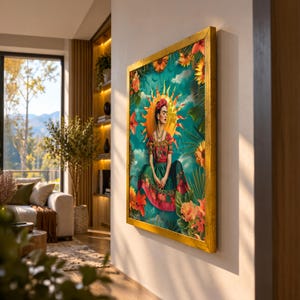 May include: A rectangular framed wall art piece featuring a portrait of a person with dark hair adorned with flowers, wearing a red and green dress. The background displays a bright yellow sun, lush green foliage, and vibrant orange flowers.