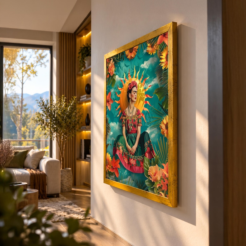 May include: A rectangular framed wall art piece featuring a portrait of a person with dark hair adorned with flowers, wearing a red and green dress. The background displays a bright yellow sun, lush green foliage, and vibrant orange flowers.