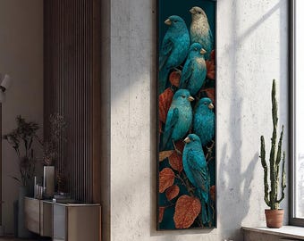 Bird Decor, Long Narrow Canvas Wall Hanging : Sparrow Wall Art Framed Decor, Textured Canvas